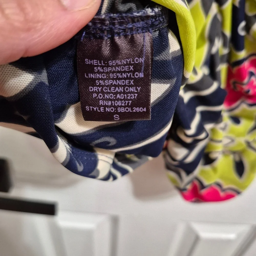 Hale Bob Floral Mesh Ruched V-Neck Dress Navy Pink Lime Womens Small